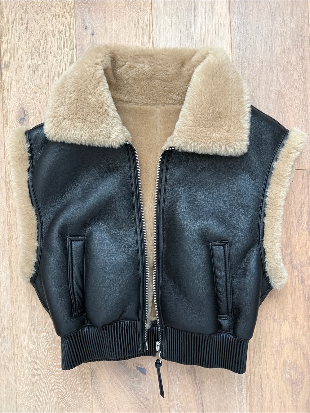 Mango Black Faux Leather Teddy Vest with Tan Shearling Collar